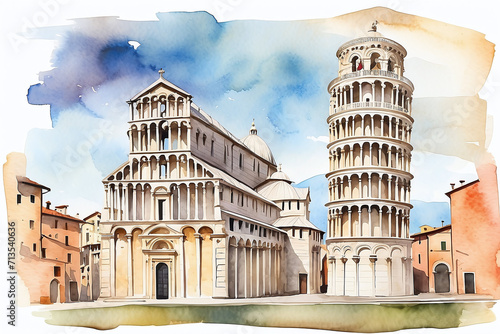 watercolor leaning tower of pisa with cathedral 