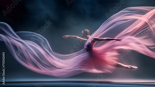 a ballet dancer performing a grand jeté. The image captures the dancer mid-leap, with the long exposure creating a fluid, ghost-like trail that follows the arc of her jump