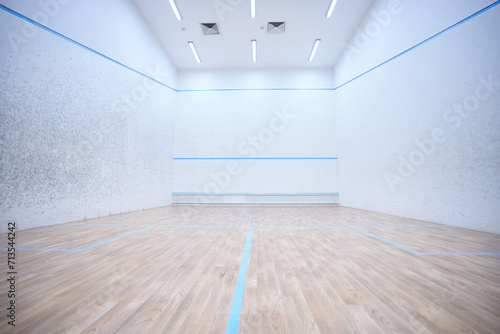Empty indoor squash or tennis court interior in white colors copy space