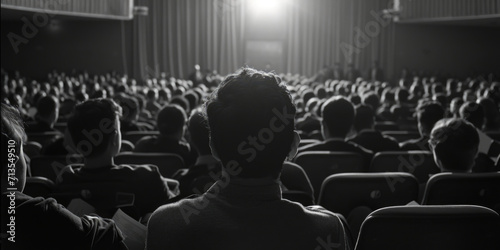 A crowd of people sitting in front of a stage. Suitable for event promotions or concert advertisements