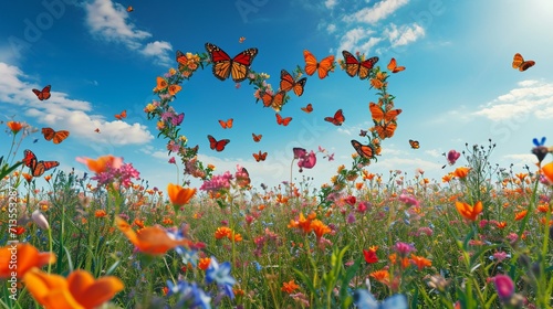 Graceful butterflies forming heart-shaped patterns over a field of vibrant, blooming wildflowers