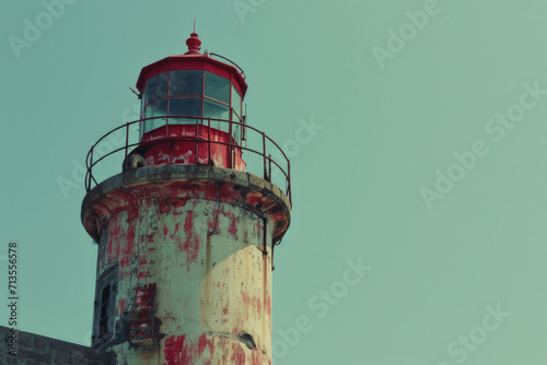 A picturesque red and white lighthouse tower standing tall against a clear blue sky. Perfect for maritime-themed projects and coastal landscapes