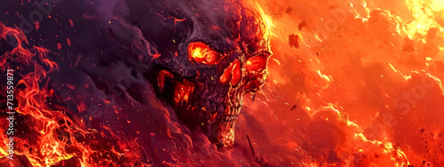  The image depicts a fiery, demonic skull submerged in flames, with a menacing gaze and a molten texture, suitable for horror or fantasy-themed content.