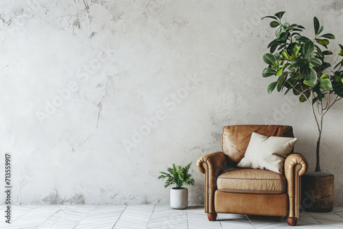 A brown leather chair sits next to a potted plant. This image can be used to showcase a cozy corner in a room or to illustrate interior design concepts