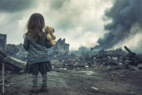 little girl looking at destroyed buildings