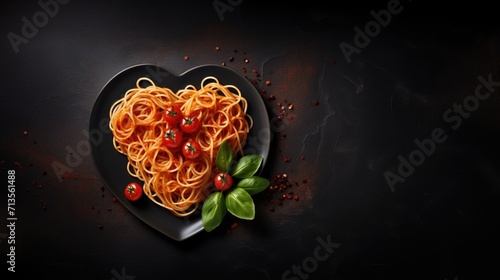 Heart shape plate of spaghetti pasta with vegetables on a table