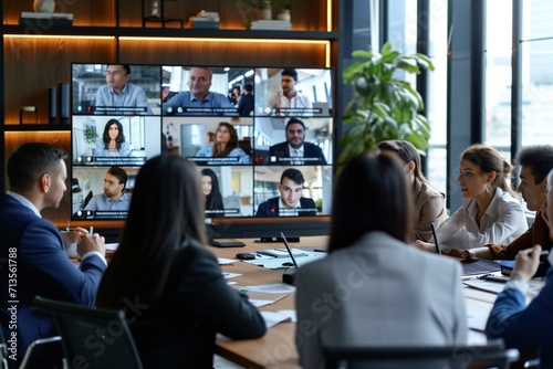 Diverse company employees having online business conference video call on tv screen monitor in board meeting room. Videoconference presentation, global virtual group corporate training concept