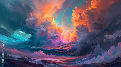 oil painting of huge colorful clouds in the vibrant sky