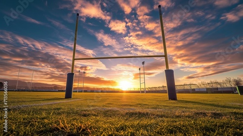 Goal posts for rugby union or league on field at sunset