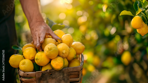 Detalle de las manos de un agricultor que está recolectando limones