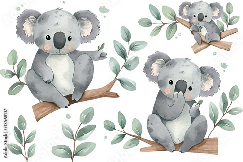 Set of koala, different poses watercolor style, adorable, white background