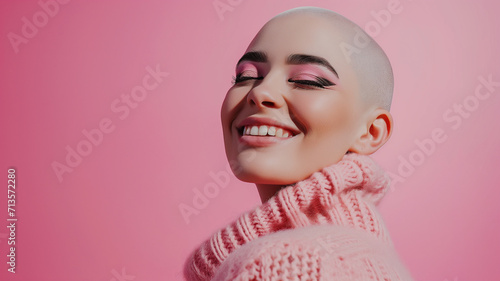 Beautiful bald girl smiling on a pink background