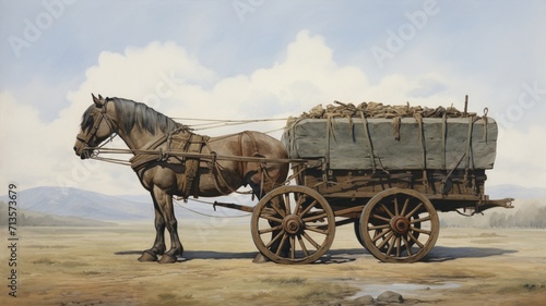 Painting of carriage horse covered wagon train illustration