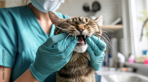 Cat in veterinary clinic, doctor check cats tooth. Dentistry for cats, Pet care concept.
