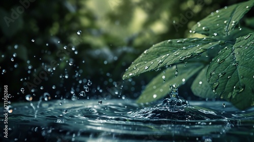 A surreal depiction of water droplets floating above a leaf, defying gravity, in a serene woodland setting. 8k