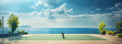 The tennis court is green against the sea, generative AI