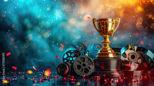 This image captures the essence of cinematic glory, showcasing a golden trophy beside film reels, evoking the grandeur of film festivals and movie awards.