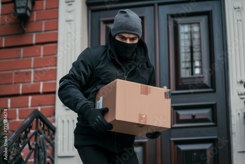 "Porch Pirate" Man with hoodie stealing a package at the doorstep - AI Generated