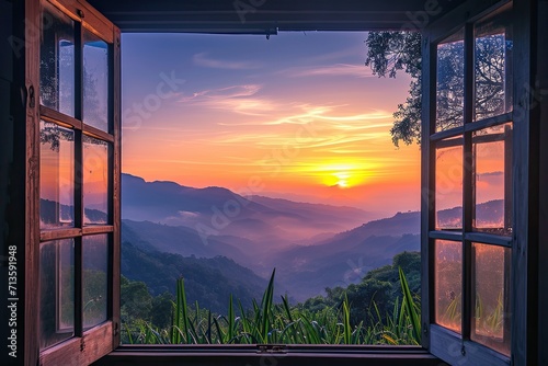 Open Window Overlooking Majestic Mountain Range