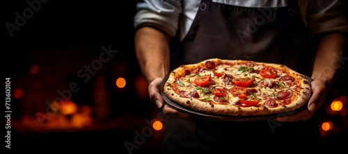 Chef presenting freshly baked pizza with melting cheese, tomatoes, and basil in a cozy restaurant with a warm fire oven background
