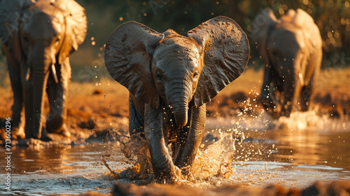 Playful baby elephants splashing and playing in a waterhole, capturing the endearing nature of these intelligent mammals, animals, baby elephants, hd, with copy space
