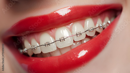 Close-up of a happy smile of a young woman with red lipstick and healthy white teeth with metal braces decorated with rhinestones. Dentistry concept