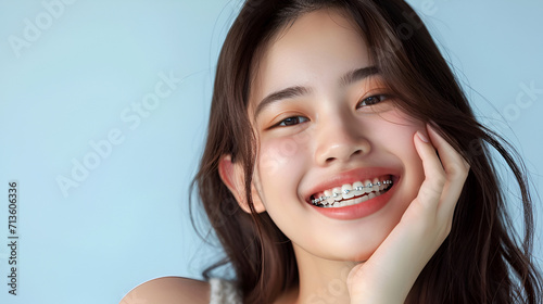 Portrait of a happy smiling young Asian woman with healthy white teeth with metal braces decorated with rhinestones. Dentistry concept. copy space