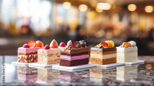Three different layered frosted miniature cakes close up decorated with berries in a cafe or patisserie, blurred background