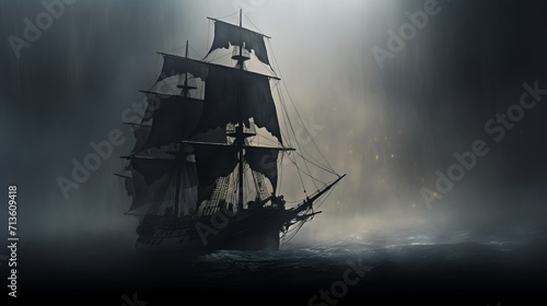 black pirate ship with black tattered sails sailing through fog, 16:9