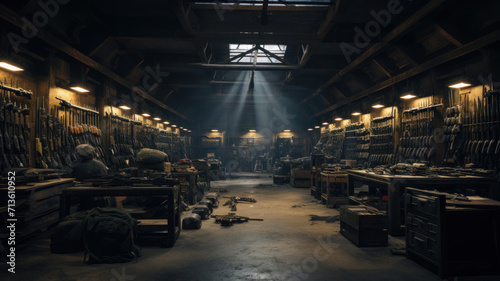 Weapon in army dark warehouse, metal and wooden boxes of guns stored in military storage. Illegal smuggle arsenal of firearm. Concept of war, industry, violence, package, background