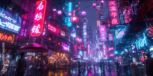 Cyberpunk neon city at night, dark street with tall buildings and people in rain. Futuristic skyscrapers with red and blue sign light. Concept of dystopia, future, industry, urban