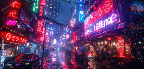Cyberpunk neon city at night, dark wet street with tall buildings and cars in rain. Futuristic skyscrapers with red and blue light signs. Concept of dystopia, future, industry