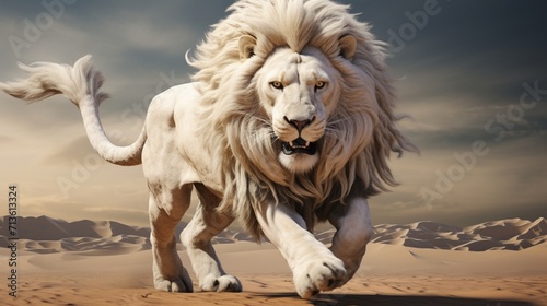 Majestic White Lion Soaring with Graceful Wings Amidst the Serenity of the Desert - AI-Generative
