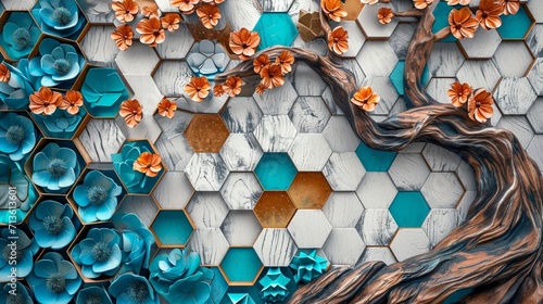 Abstract 3D mural with white lattice tiles on wooden oak, tree in turquoise, blue, brown, dynamic colorful hexagons, floral background.
