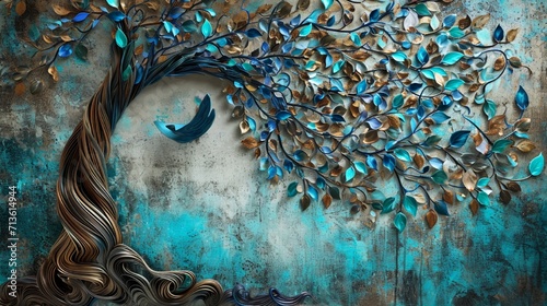 Abstract 3D tree mural with swirling turquoise, blue, and brown leaves, dynamic backdrop.