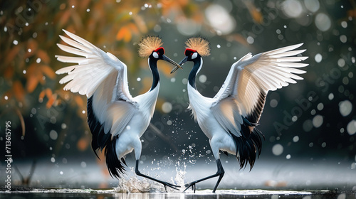 Pair of red-crowned cranes engaged in an intricate dance, representing grace and beauty in the avian world, animals, red-crowned cranes, hd, with copy space