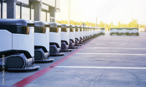 A row of automated smart guided vehicle, modern intelligent delivery robots standing in the parking lot waiting for an order. Generative AI