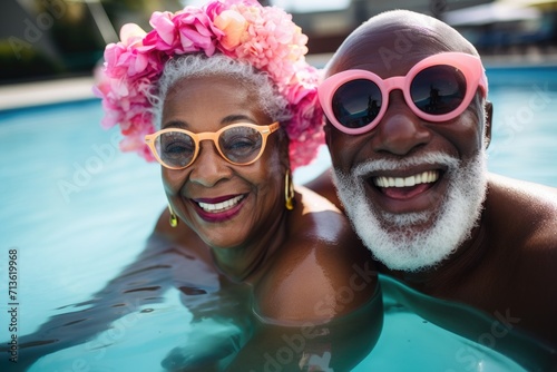 An elderly black couple of African Americans are swimming in pool and enjoying their vacation.
