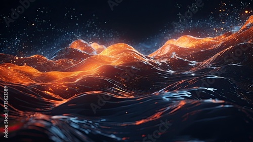 Wave of bright particles. Dark vibration fluid waves, sound and music visualization.