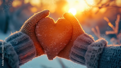 Valentine's day background.Hands in fluffy mittens hold a red knitted heart of thread on a background of a snowy forest.Close-up, cropped shot, horizontal.Concept of a holiday and relationship.
