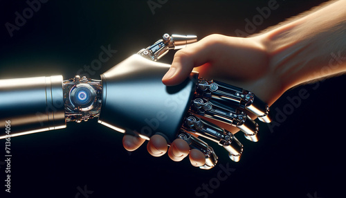 A robot hand and a human hand shaking hands. The focus is on their handshake, symbolizing the connection between technology and humanity.