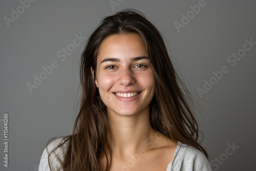 A woman without makeup is smiling for the camera