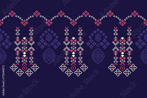 Ethnic geometric fabric pattern Cross Stitch.Ikat embroidery Ethnic oriental Pixel pattern violet purple background. Abstract,vector,illustration. Texture,clothing,decoration,motifs,silk wallpaper.