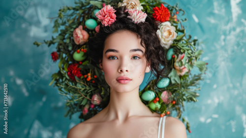 Floral Empress, A Captivating Woman Blossoming With Natures Crown of Flowers