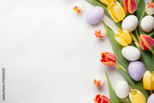 Easter background with spring flowers and colorful Easter eggs on white surface