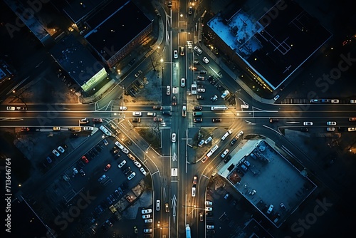 Vibrant city intersection at night with bright lights and busy traffic in aerial view