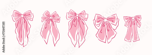 Hand drawn pink bow of coquette soft style. Cute pink bow vector