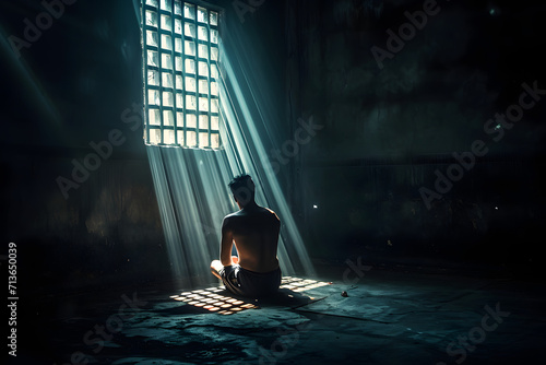 a man sitting in a jail cell with a light beaming out 