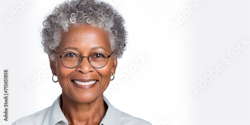 Close-up portrait of a senior old black african american woman with grey hair, studio photo, isolated on white background