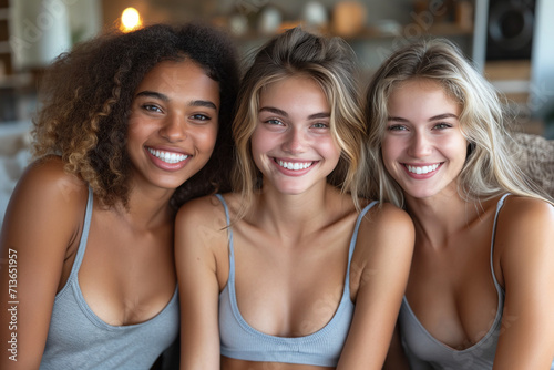 Group of friends, three young interracial women with joyful and beautiful smiles, united in equality and rights